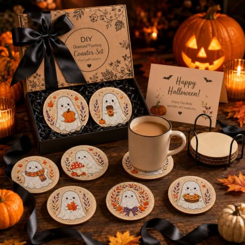 Halloween Ghost Diamond Art Coasters Set with Holder - Wooden DIY Fall Table Decor
