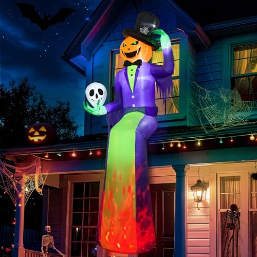 10FT Sitting Halloween Inflatable Pumpkin with Flame Light for Roof Decor - Outdoor Yard Decoration