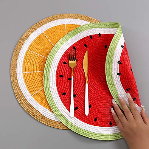 Watermelon Placemats Set of 4 - Round Braided 15 Inch Indoor Outdoor Table Decor - Red Variation