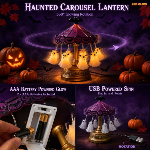 Halloween Ghost Carousel Night Light - Spinning Ghost Lantern Decor - Multicolor Spooky Lamp