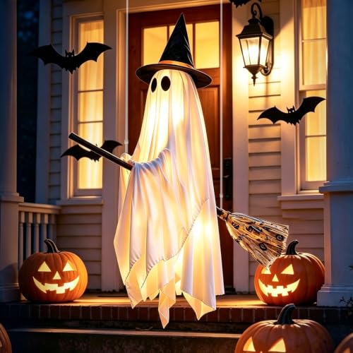 Halloween Ghost Decoration with Witch Hat and Detachable Broom - Outdoor Spooky Yard Decor