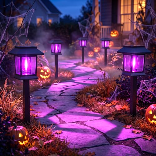 Purple Solar Pathway Lights 12 Pack Outdoor Waterproof Garden Decor - Auto On/Off