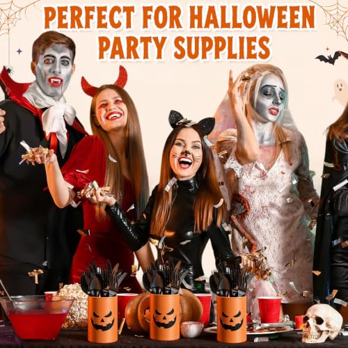 Halloween Pumpkin Party Supplies with Black Cutlery Set - Black & Orange