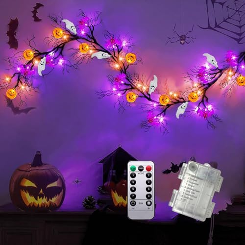 Halloween Garland with Lights Pumpkin Bat Ghost Indoor Decor - 8 Modes, Timer, 6.3FT