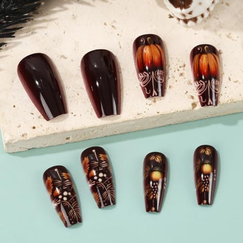 Halloween Press On Nails Medium Square Gradient Brown with Maple Pumpkin - Style19