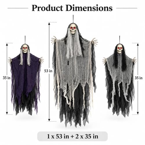Halloween Outdoor Decorations Set with Glowing Skeleton Ghosts - Spooky Hanging Figures, 3 Pack