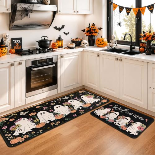 Halloween Ghost Kitchen Rugs and Mats Set - Non-Slip 17x47.2" + 17x30" - Spooky Holiday Decor