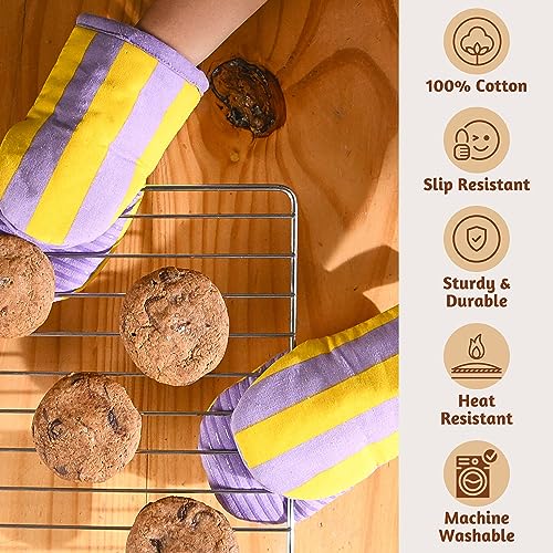 Mini Silicone Oven Mitts Set of 2 - Heat Resistant, Non-Slip Grip, Purple & Yellow Striped - Viola Variation