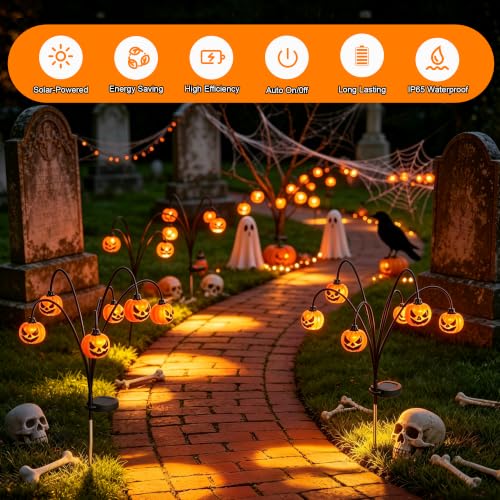 4 Pack Solar Halloween Pumpkin Lights Outdoor Decorations – Fall Lanterns with Swaying Motion & Steady or Flickering Modes