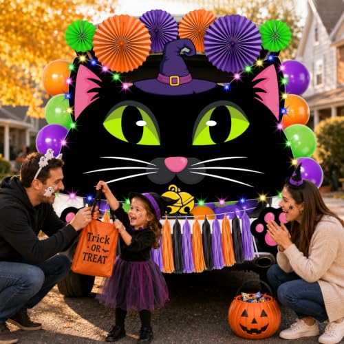 Halloween Car Decorations Kit with Black Cat Banner & Festive Accessories