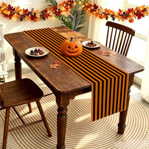 Halloween Orange Black Striped Table Runner - 13 x 72 Inches, Fall Carnival Decor