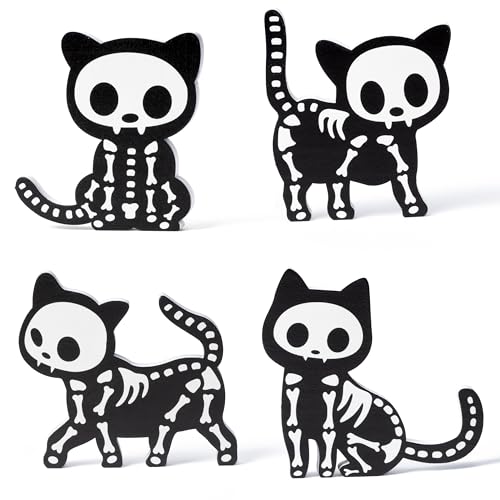 Halloween Skeleton Cat Wooden Figurines Set - Spooky Indoor Decor, 4 Pieces