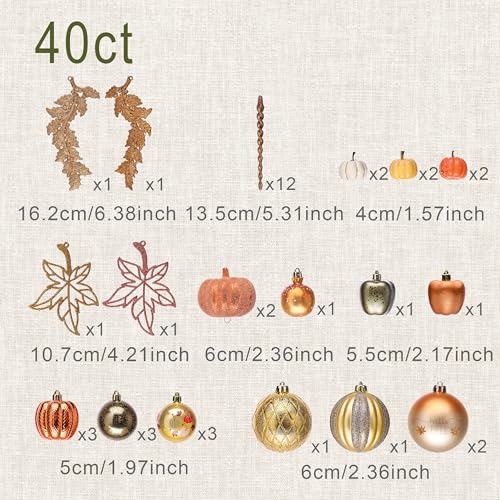 Fall Tree Ornaments Set - 40 Assorted Pumpkin, Maple Leaf & Harvest Decor