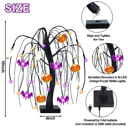Halloween Willow Tree with LED Pumpkin Bat Ghost Lights - Orange, Purple, White - 18 Inch Spooky Indoor Decoration with Timer & USB/Battery Operated