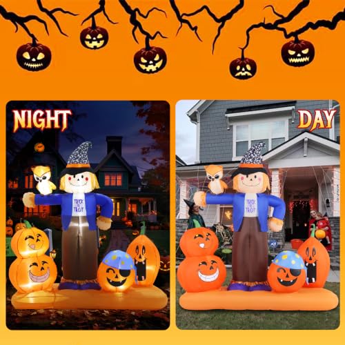 Giant Halloween Inflatable Scarecrow with Pumpkins and Owl - Outdoor Yard Decor