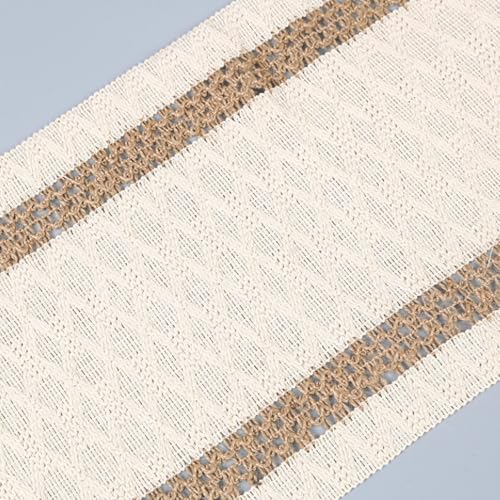 Boho Cotton Linen Table Runner 12 x 132 Inches - Beige & Brown Farmhouse Decor