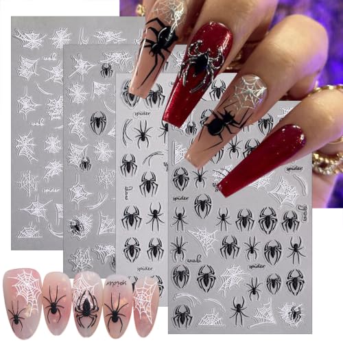 Halloween Nail Stickers - White Black Spider Web Self-Adhesive Decals for Nail Art, 4 Sheets, Scary Design, Spider Variation