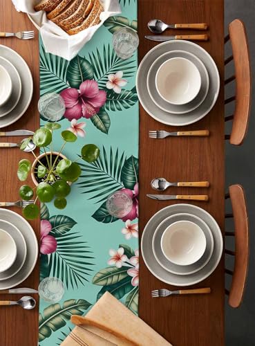 Hibiscus Tropical Table Runner - Linen Burlap - 13 x 90 Inch - Hibisci Variation