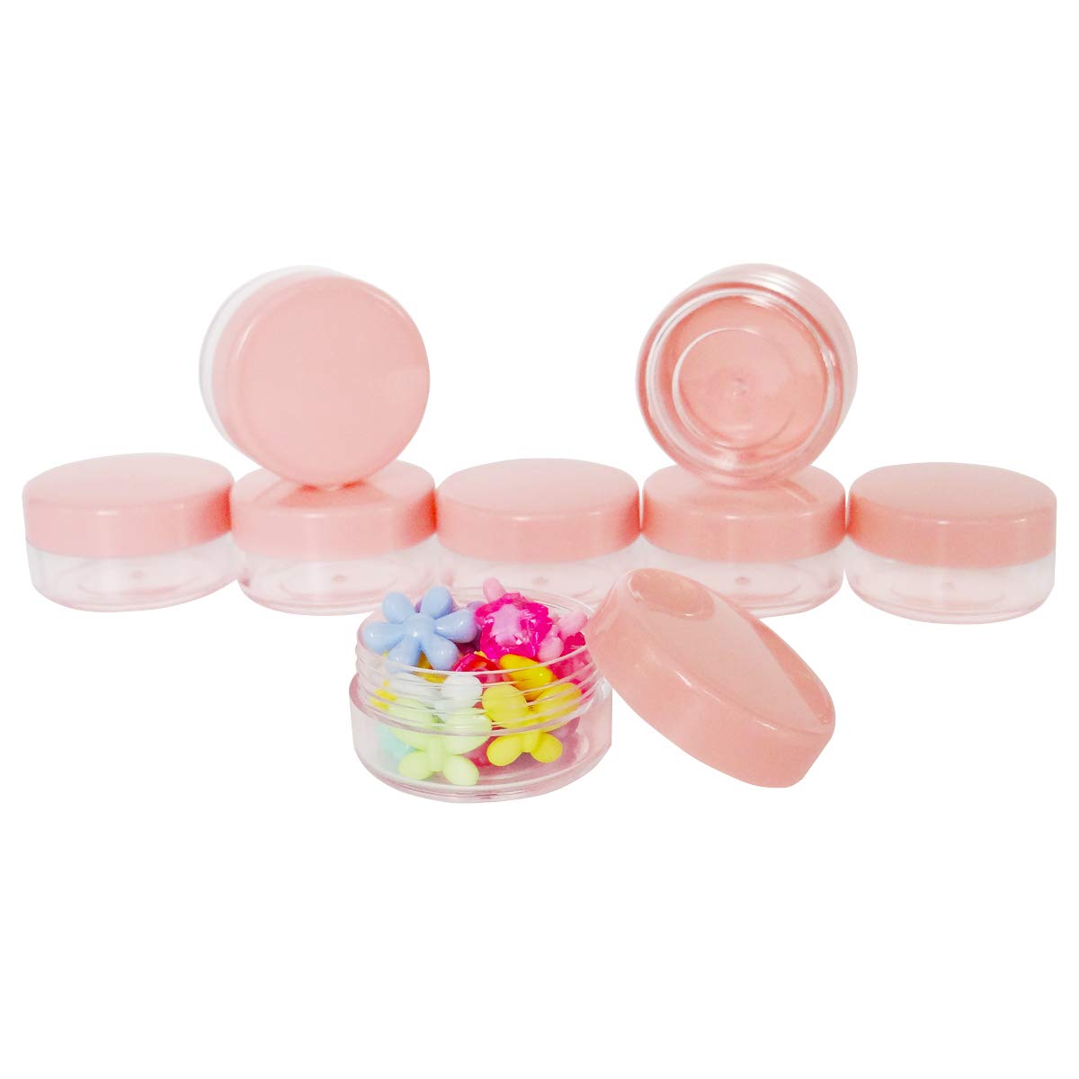 Wopanxye 30pcs 10g Empty Small Plastic Makeup Sample Jar with Pink Lid, BPA Free, 10ml Clear Pot Round Container for Travel Cosmetic Lip Gloss Balm Cream Butter Powder Toner Eye-shadow Chapstick Wax