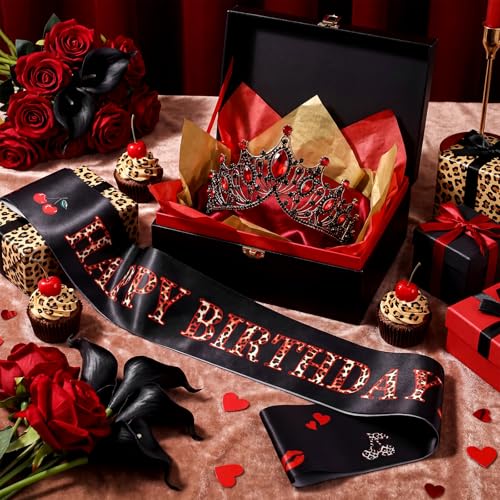 Red and Black Birthday Queen Crown & Sash Set for Women Party Decorations