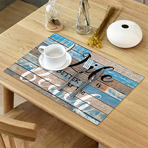 Non-Slip Placemats for Dining Table Set of 4 - Beach Starfish Rustic Wood Grain