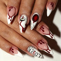 Red White French Tip Press-On Nails Halloween Fake Nails Medium Almond Reusable Set