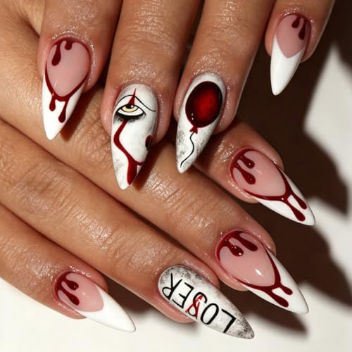 Red White French Tip Press-On Nails Halloween Fake Nails Medium Almond Reusable Set
