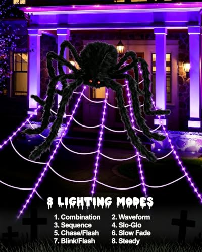 16.4Ft Halloween Spider Web Lights with 8 Modes & Purple LEDs - Waterproof Outdoor Decor with 48-Inch Spider