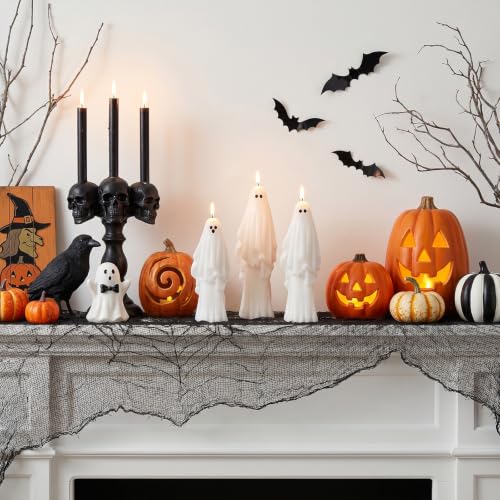 Halloween Ghost Candle Set - White, 3 PCS, Spooky Mantel Decor