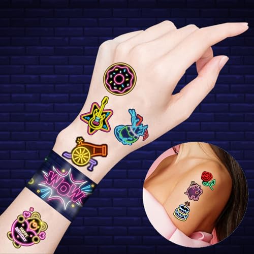 Neon Party Favors Set with Bracelets and Temporary Tattoos for Kids & Adults