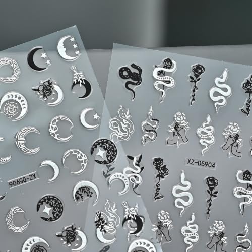 Silver Snake Nail Stickers with Star & Moon Design - Color12