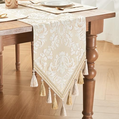 Jacquard Table Runner 108 Inch Long Beige and White Elegant Home Decor - Variation of THIS listing