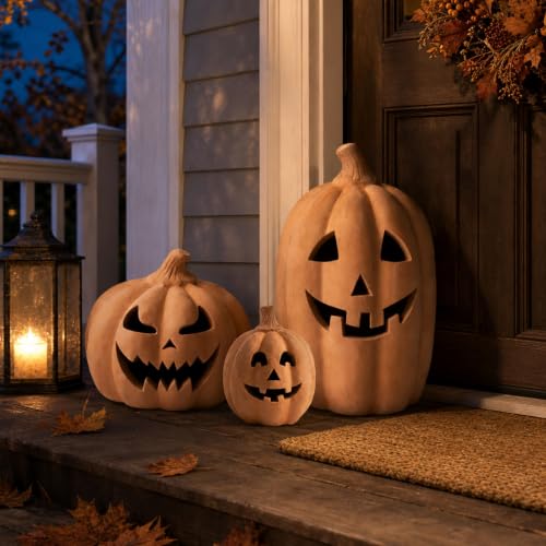 Halloween Terracotta Pumpkin Lanterns Set - Spooky Decor for Indoor & Outdoor