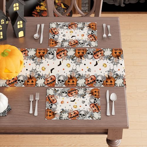 Halloween Skeleton Ghost Placemats Set of 4 12x18 Inch Table Decor - Spooky Dining Table Accessories