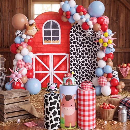 Farm Party Decoration Set with Barn Animal Spandex Arch Backdrop & Cylinder Pedestal Covers - Kids Event Decor