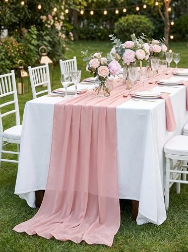 Dusty Rose Chiffon Table Runner - 10Ft Rustic Boho Wedding Decor - QueenDream