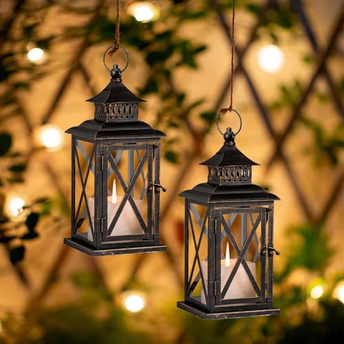 Black Indoor & Outdoor Decorative Lanterns - 2 Pack Large Hanging Candle Holders for Porch & Patio