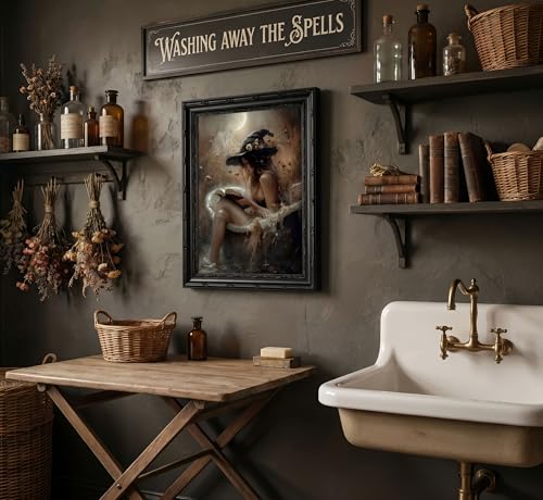 Halloween Witch Bathroom Canvas Wall Art - Framed 16x12 Inch Witch Reading Book in Bathtub - Gothic Home Decor