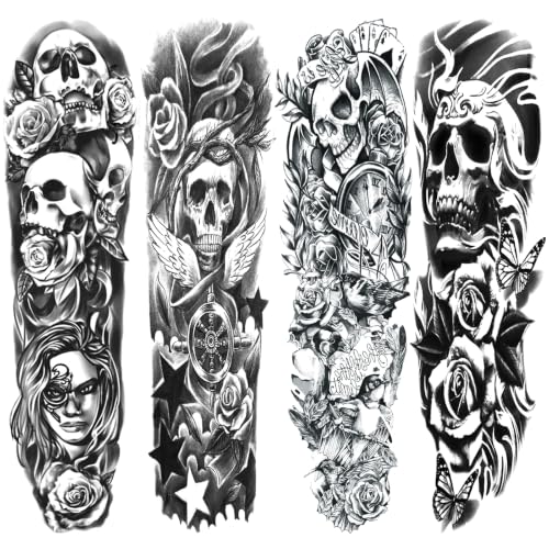 Full Arm Skull Flower Temporary Tattoo Sleeve for Women – 4 Sheets | Variation: Skull