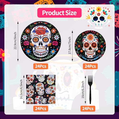 Day of the Dead Disposable Tableware Set - Mexican Sugar Skull Pattern for Fiesta & Celebrations - Serves 24