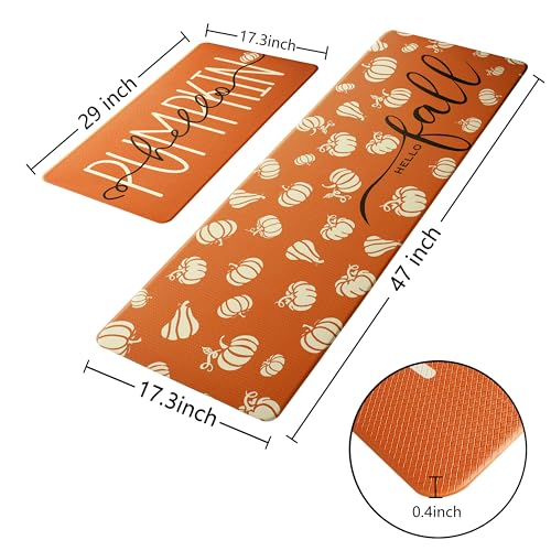 Autumn Pumpkin Kitchen Rug Set - Waterproof Non-Slip Anti-Fatigue Mats, 17.3x29 + 17.3x47 Inches - Orange, Rectangular, 0.4H