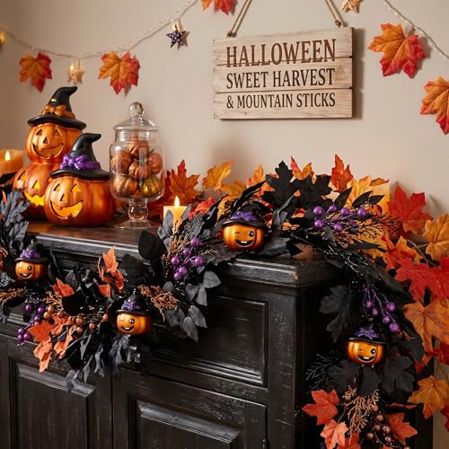 Halloween Garland with Lights and Pumpkins - 6ft Fall Decor for Mantle and Doorway