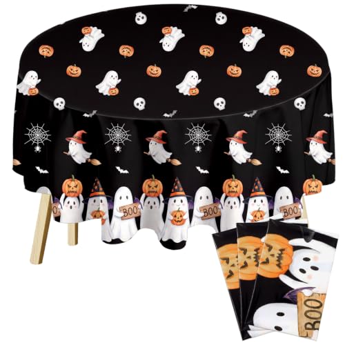 Halloween Round Tablecloth 84 Inch Ghost Pattern - 3 Pack Fall Plastic Cover for Parties