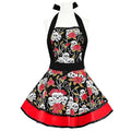 Vintage Halloween Apron for Women - Red Flower Retro Kitchen Dress with Ruffle & Skeleton Design