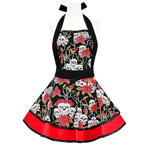 Vintage Halloween Apron for Women - Red Flower Retro Kitchen Dress with Ruffle & Skeleton Design