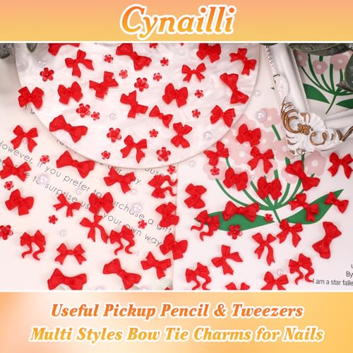 Red Bow Nail Charms Kit - 3D Bow Tie Flowers & Pearls for Acrylic Nails DIY