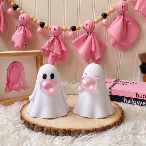 Halloween Ghost Figurines Set of 2 - Cute Ceramic Bubble Gum Ghost Statues - White Variation