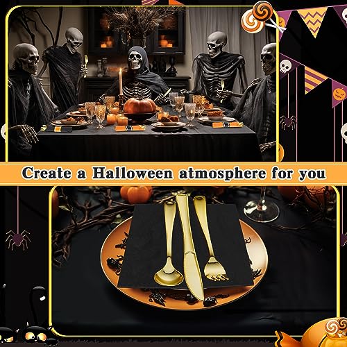 Halloween Silverware Set for 50 Guests - Black & Orange Pre-Rolled Plastic Cutlery with Napkins