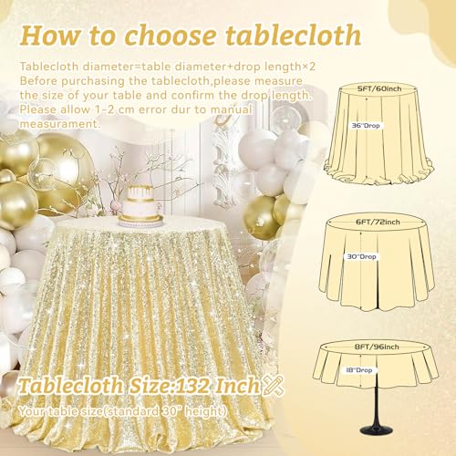 132-Inch Round Light Gold Sequin Tablecloth for Party & Wedding Decor