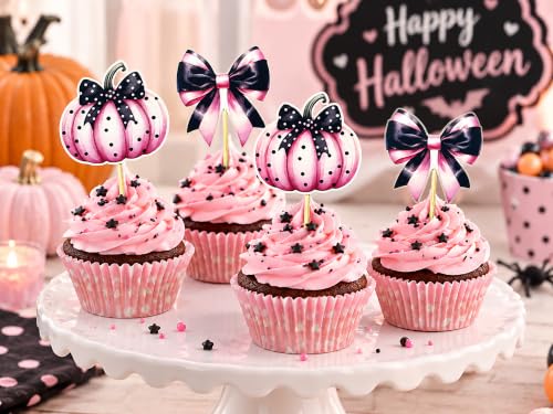 Halloween Cupcake Toppers Set - Pumpkin & Bow Cake Decorations, 36 Pcs